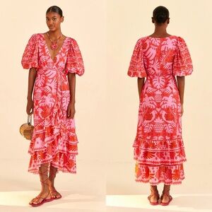 FARM Rio Red Jungle Scarf Wrap Midi Dress Medium